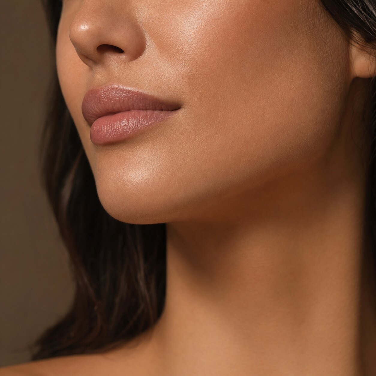 Enquadramento facial feminino destacando contorno, pele e lábios naturais